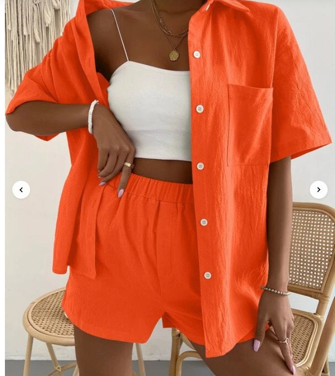 Joan Lightweight Linen Set with Chest Pocket in Orange