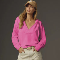 Josephine Casual Hoodie with V-Neck and Hood in Pink