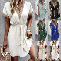 Josephine Chic V-Neck Boho Dress with Flattering Waist Tie in Beige