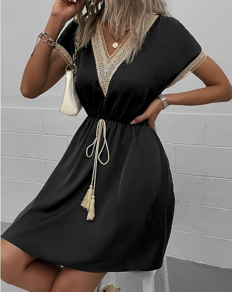 Josephine Chic V-Neck Boho Dress with Flattering Waist Tie in Black