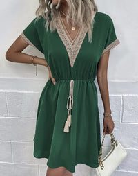 Josephine Chic V-Neck Boho Dress with Flattering Waist Tie in Green