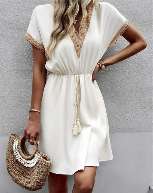 Josephine Chic V-Neck Boho Dress with Flattering Waist Tie in White