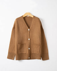 Josephine Knit Cardigan with V-Neck and Side Pockets in Brown