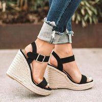 Joyce Women's Wedge Sandals - Open Toe - Ankle Strap with Buckle - Espadrille Heel in Black