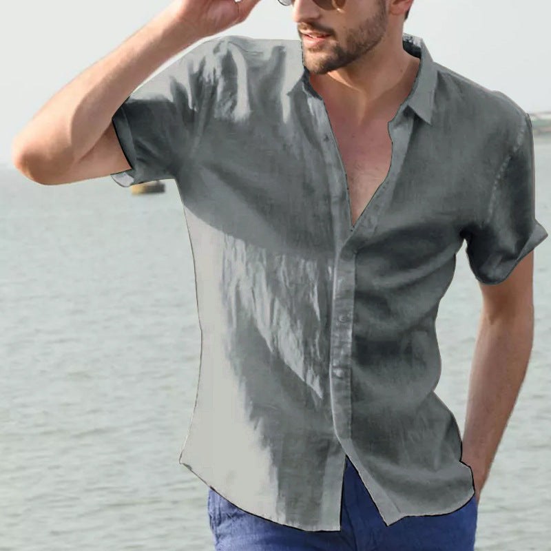 Julian Airy Linen Shirt with Short Sleeve in Grey