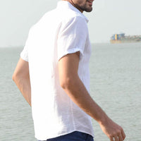 Julian Airy Linen Shirt with Short Sleeve in Khaki
