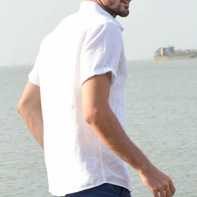 Julian Airy Linen Shirt with Short Sleeve in Khaki