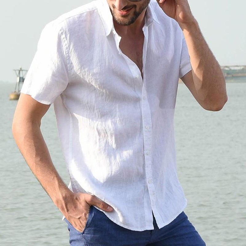 Julian Airy Linen Shirt with Short Sleeve in Khaki