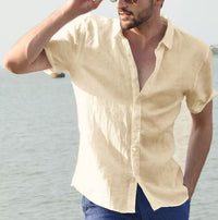 Julian Airy Linen Shirt with Short Sleeve in Khaki