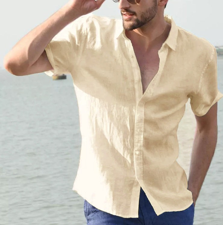 Julian Airy Linen Shirt with Short Sleeve in Khaki