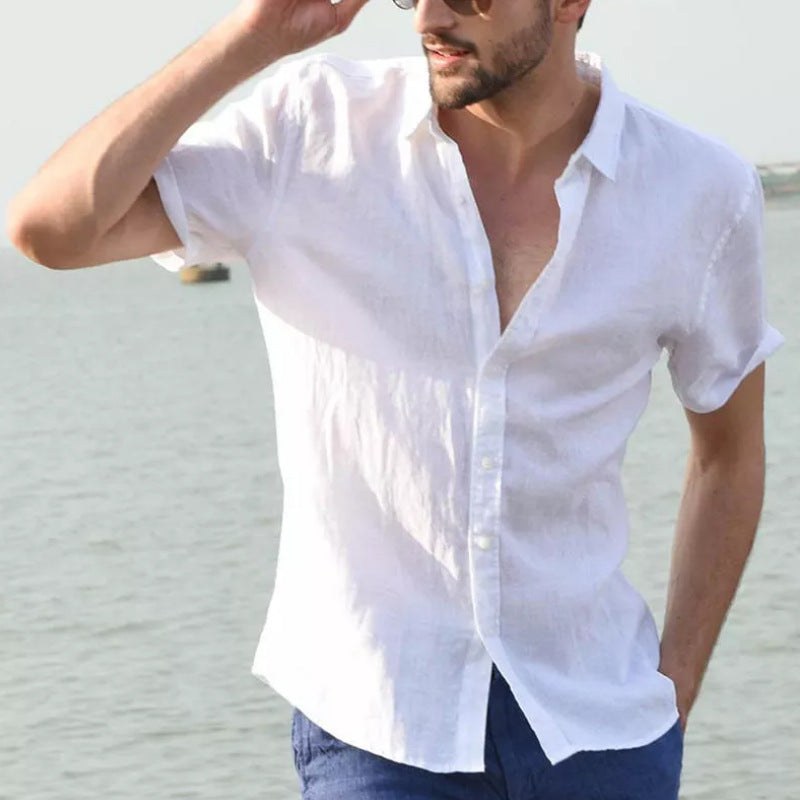 Julian Airy Linen Shirt with Short Sleeve in White