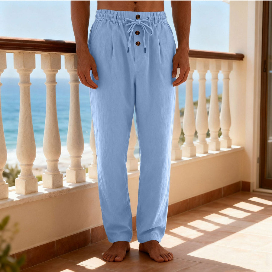Julian Lightweight Trousers with Drawstring Waist and Button Front in Light Blue