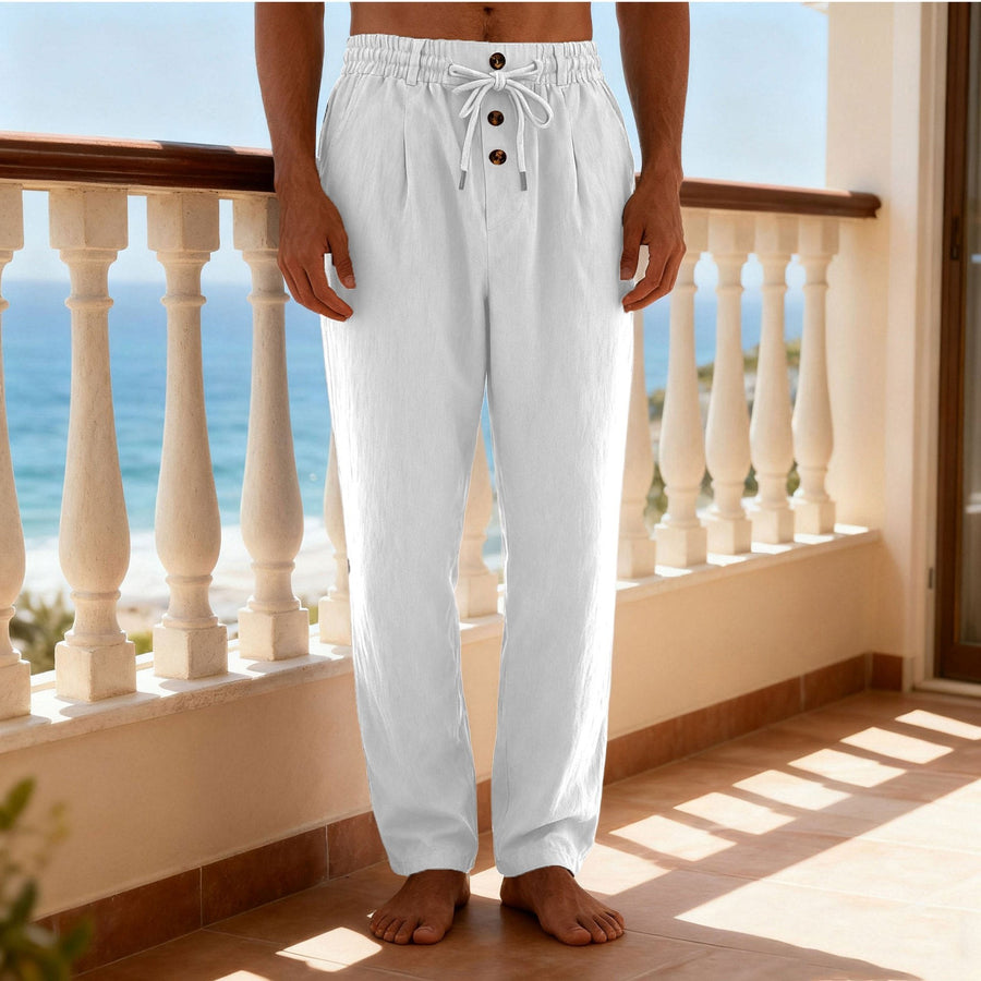 Julian Lightweight Trousers with Drawstring Waist and Button Front in White