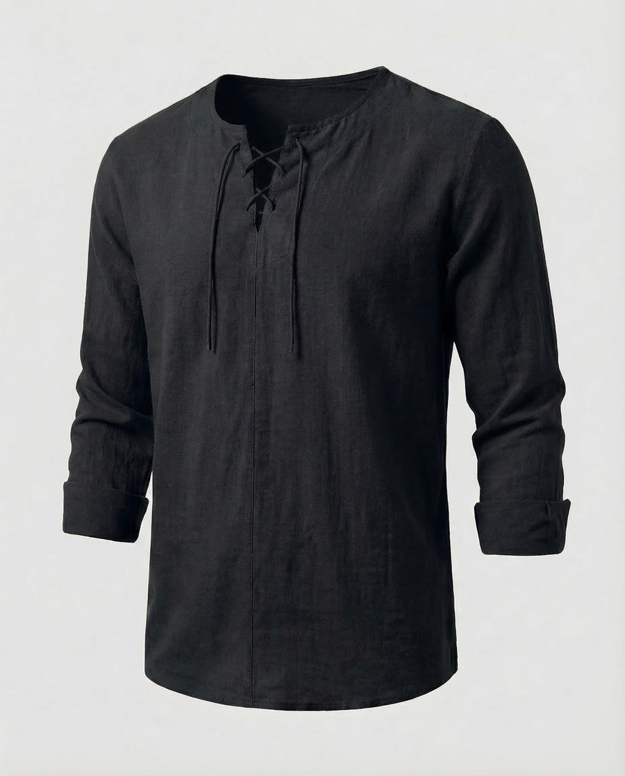 Julian Linen Shirt with Lace-Up and Oversized in Black