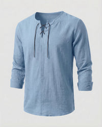 Julian Linen Shirt with Lace-Up and Oversized in Blue