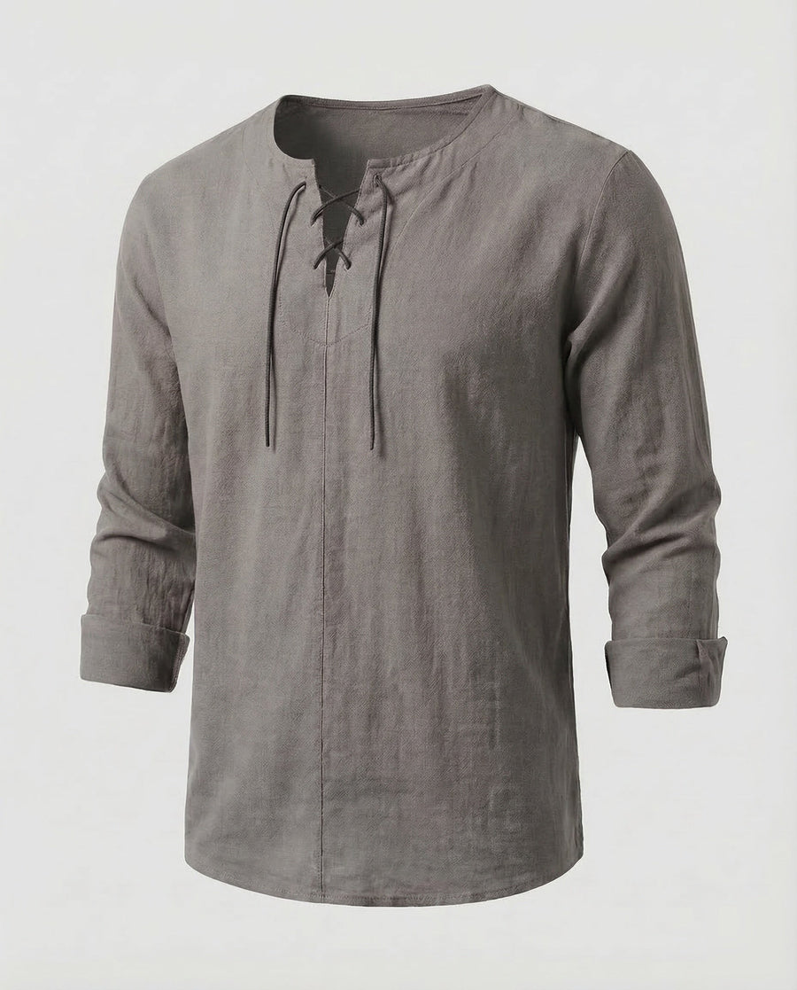 Julian Linen Shirt with Lace-Up and Oversized in Grey