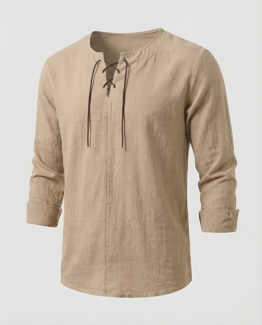 Julian Linen Shirt with Lace-Up and Oversized in Khaki