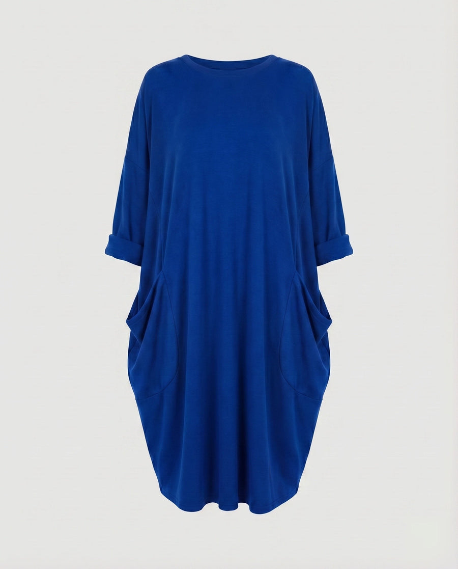 Juliana Dress with Crew Neck and Pockets in Blue