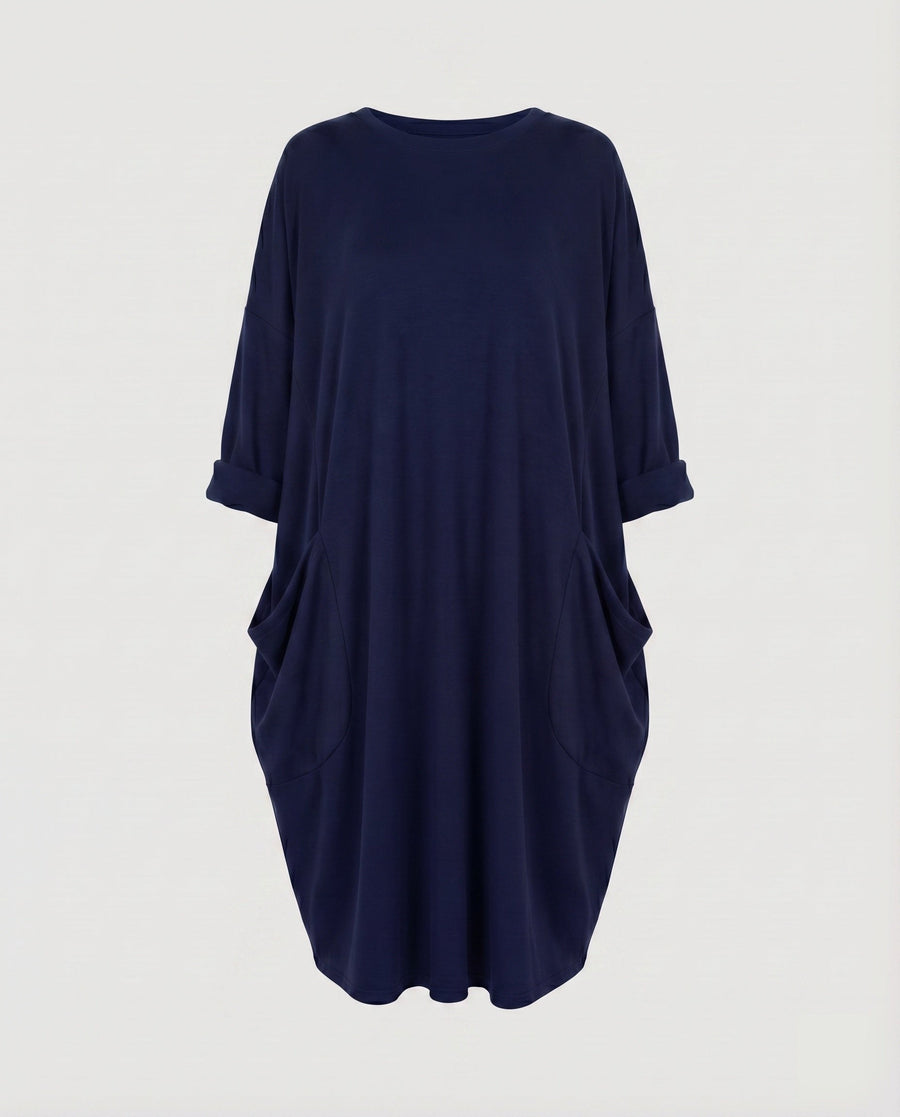 Juliana Dress with Crew Neck and Pockets in Navy