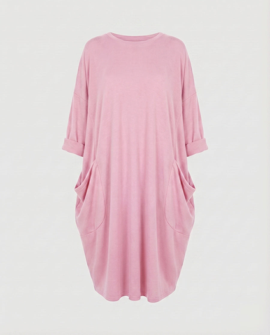 Juliana Dress with Crew Neck and Pockets in Pink
