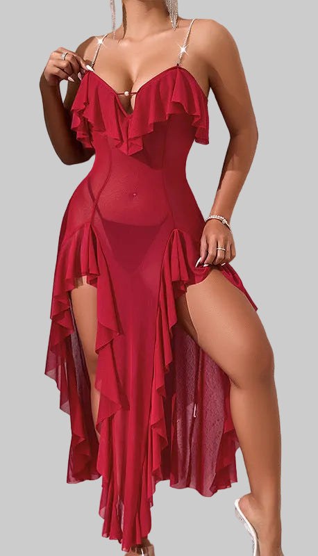 Juliana Dress with Side Split and Ruffles in Magenta