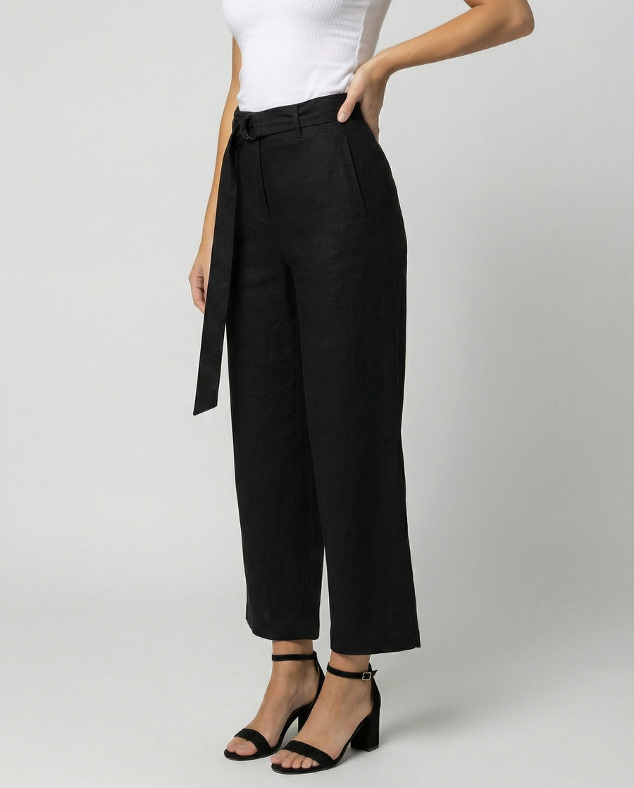 Juliana Elegant Linen Trousers with Wide Leg in Black