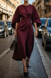 Juliana Elegant Maxi Dress with Belted in Wine Red