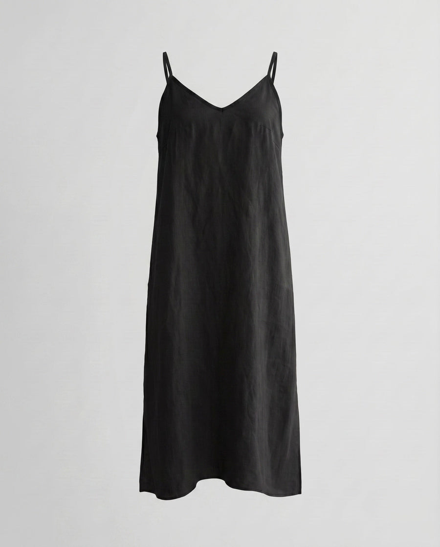 Juliette Airy Linen Mini Dress with V-Neck in Black