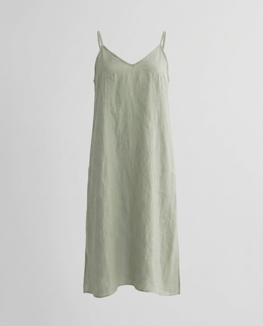 Juliette Airy Linen Mini Dress with V-Neck in Lindgrün