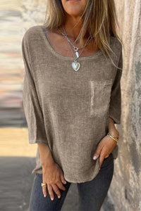 Juliette Casual Linen T-Shirt with Pockets in Khaki