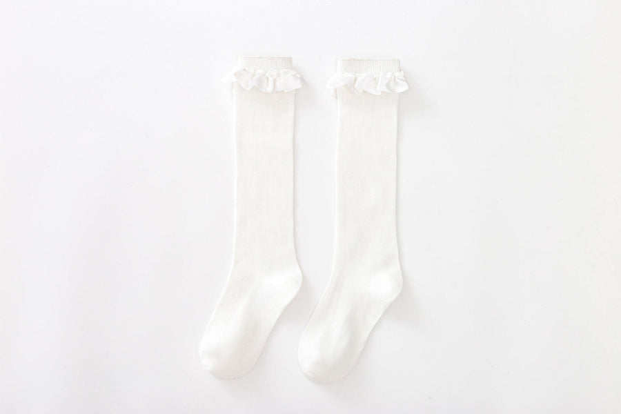 Juna Elegant Knee-High Socks with Ruffles in White