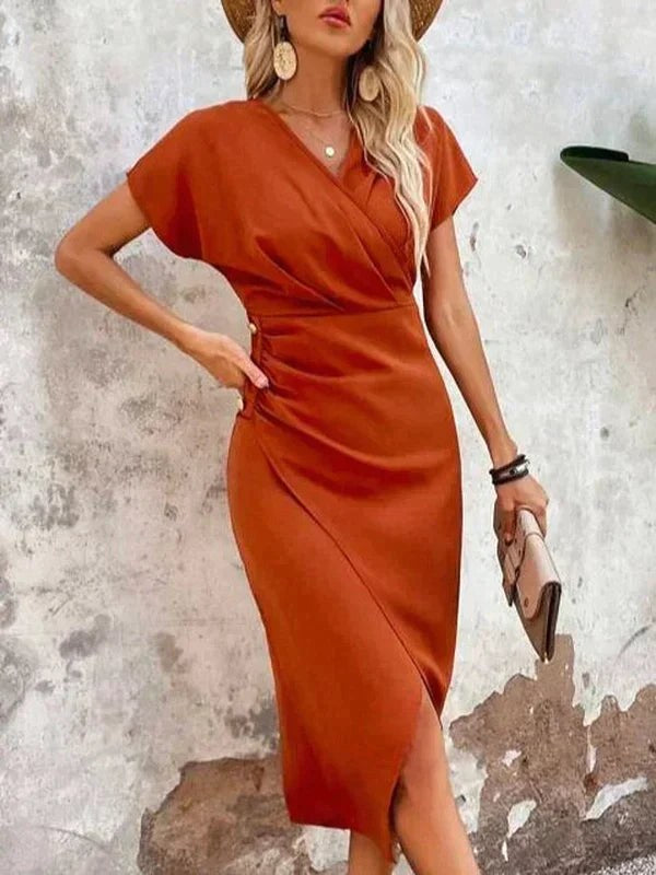 Juna Midi Dress with V-Neck in Orange