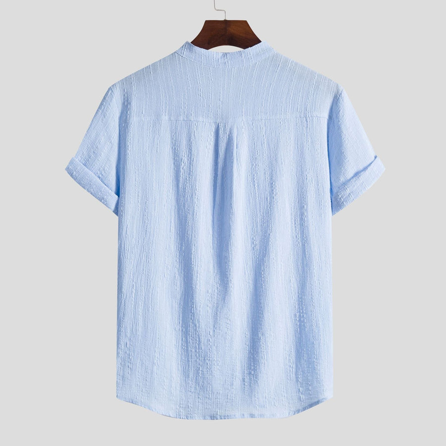 Juna Shirt with Stand Collar and Short Sleeve in Sky Blue