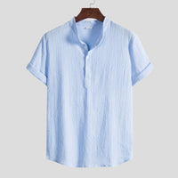 Juna Shirt with Stand Collar and Short Sleeve in Sky Blue