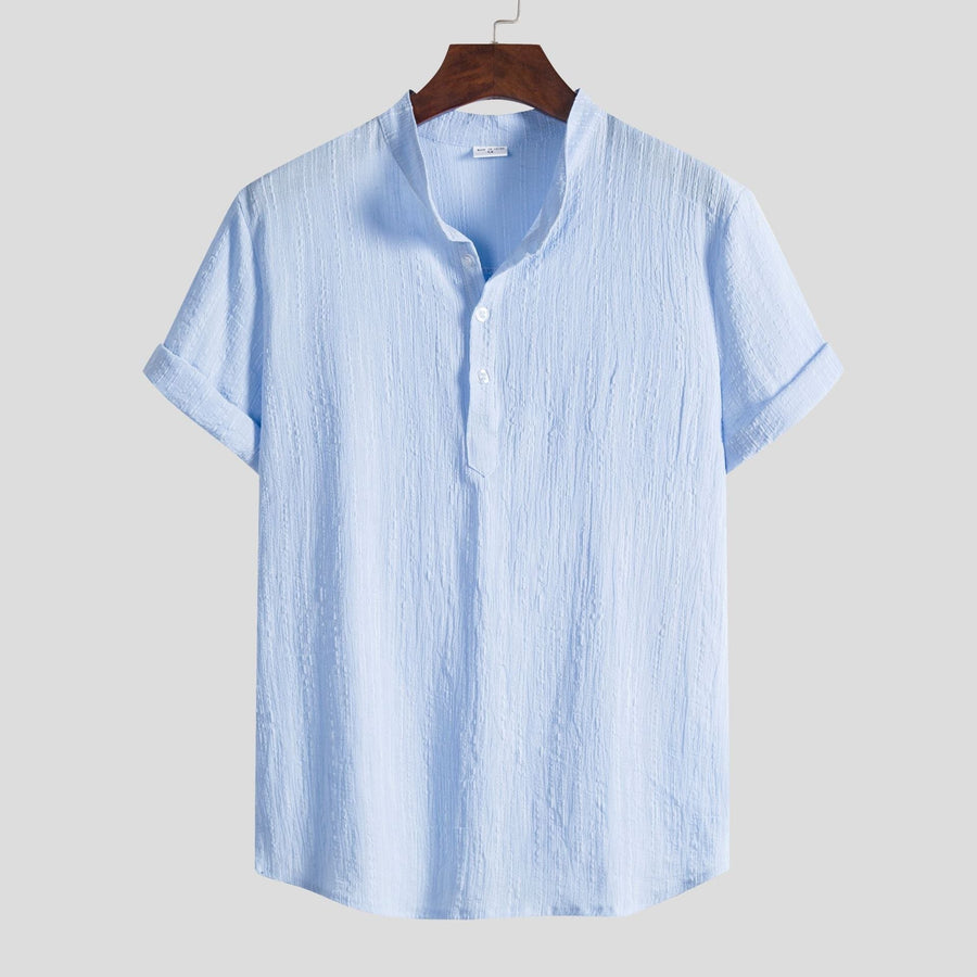 Juna Shirt with Stand Collar and Short Sleeve in Sky Blue