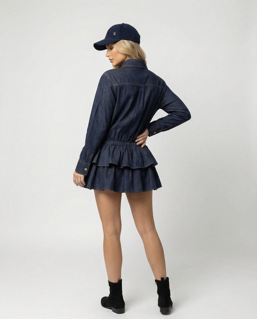 Juno Denim Shirt Dress with Ruffles in Navy