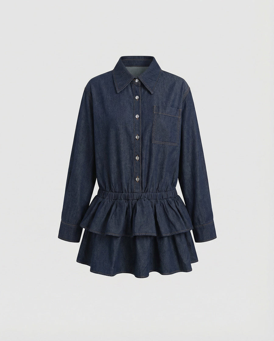 Juno Denim Shirt Dress with Ruffles in Navy