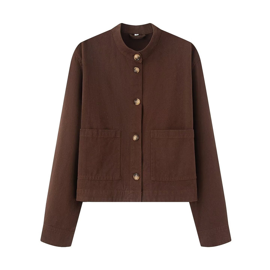 Juno Jacket with Button Front and Pockets in Brown