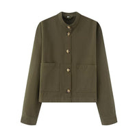 Juno Jacket with Button Front and Pockets in Olive Green