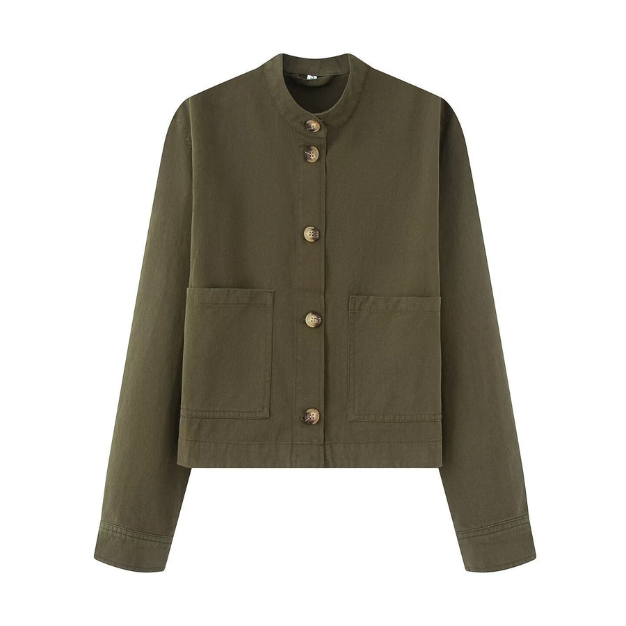 Juno Jacket with Button Front and Pockets in Olive Green