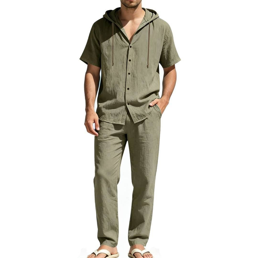 Jurre Airy Linen Shirt with Hood in Olive Green