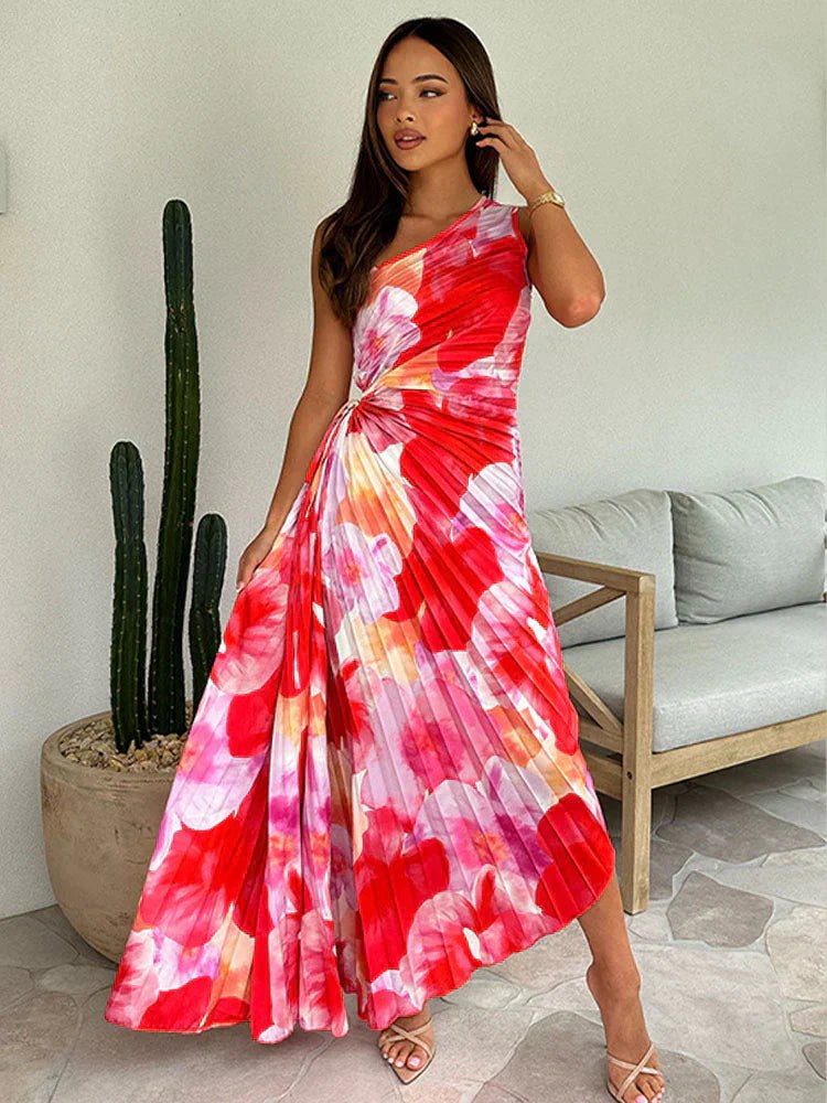 Kacie™ Pleated Summer Dress in Red Pink