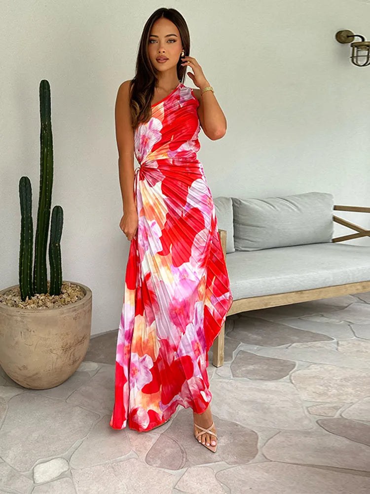 Kacie™ Pleated Summer Dress in Red Pink