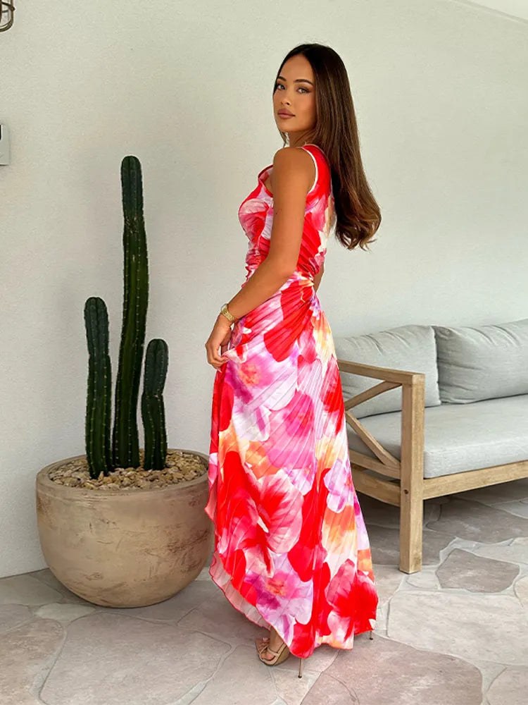 Kacie™ Pleated Summer Dress in Red Pink