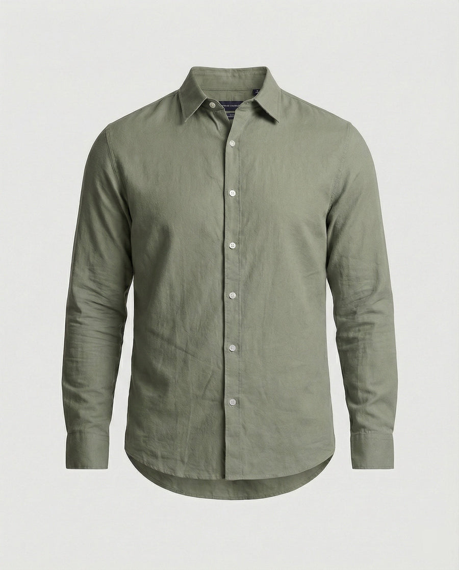 Kai Linen Shirt with Long Sleeve in Olive Green