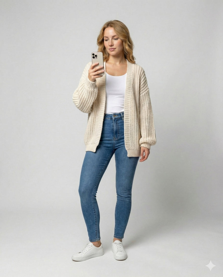 Kaia Comfortable Knit Cardigan with Long Sleeve in White