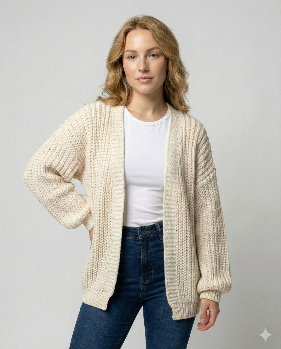 Kaia Comfortable Knit Cardigan with Long Sleeve in White