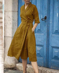 Kaia Linen Dress with Belted in Kurkuma