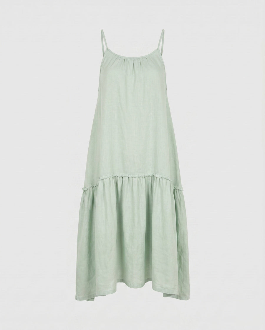 Kalia Airy Linen Maxi Dress with Ruffles in Hellgraublau