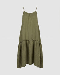 Kalia Airy Linen Maxi Dress with Ruffles in Olive Green